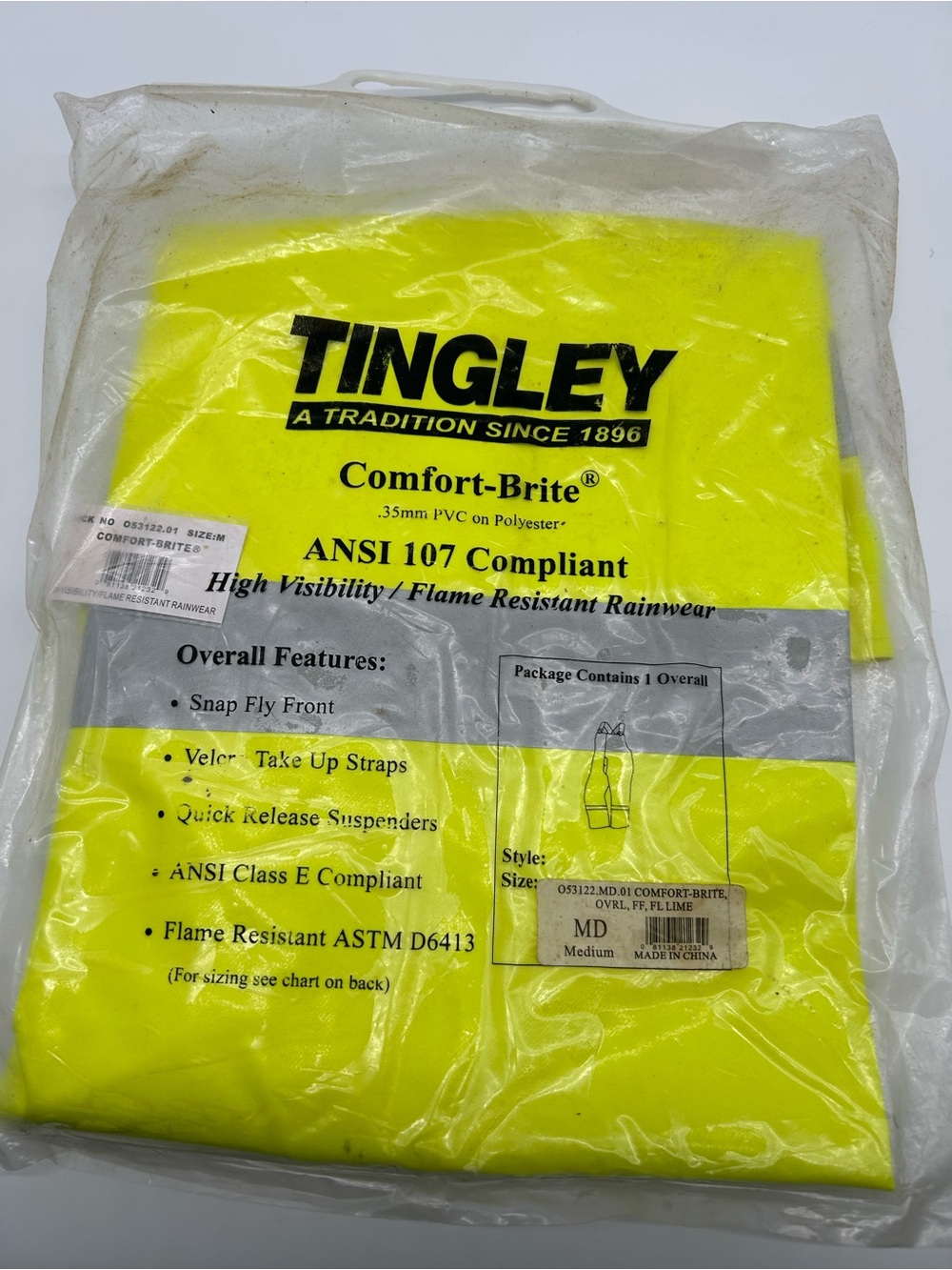 Tingley Comfort-Brite High Visibility Yellow Rainwear Overall size medium